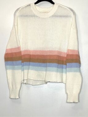 Thread & Supply Cream Crewneck Sweater with Pink, Tan & Blue Stripes